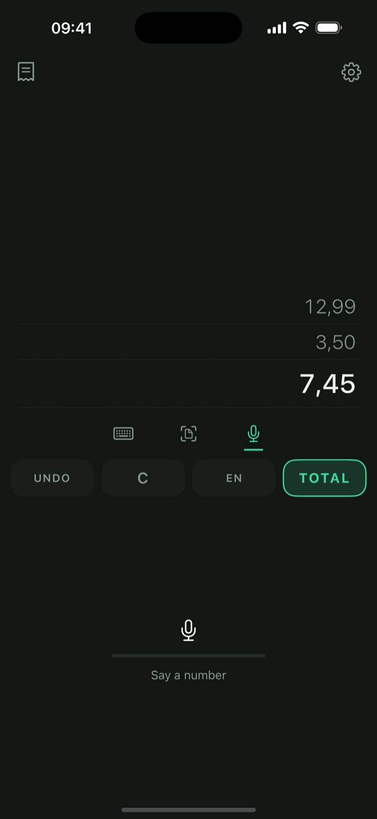 RPN Deck in voice mode: rows on the stack, the microphone listening below.